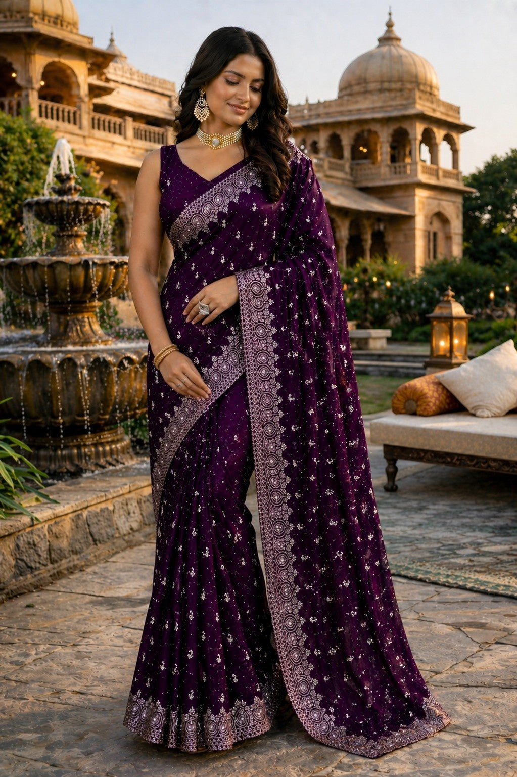 Royal Plum Printed Saree with Elegant Silver Border