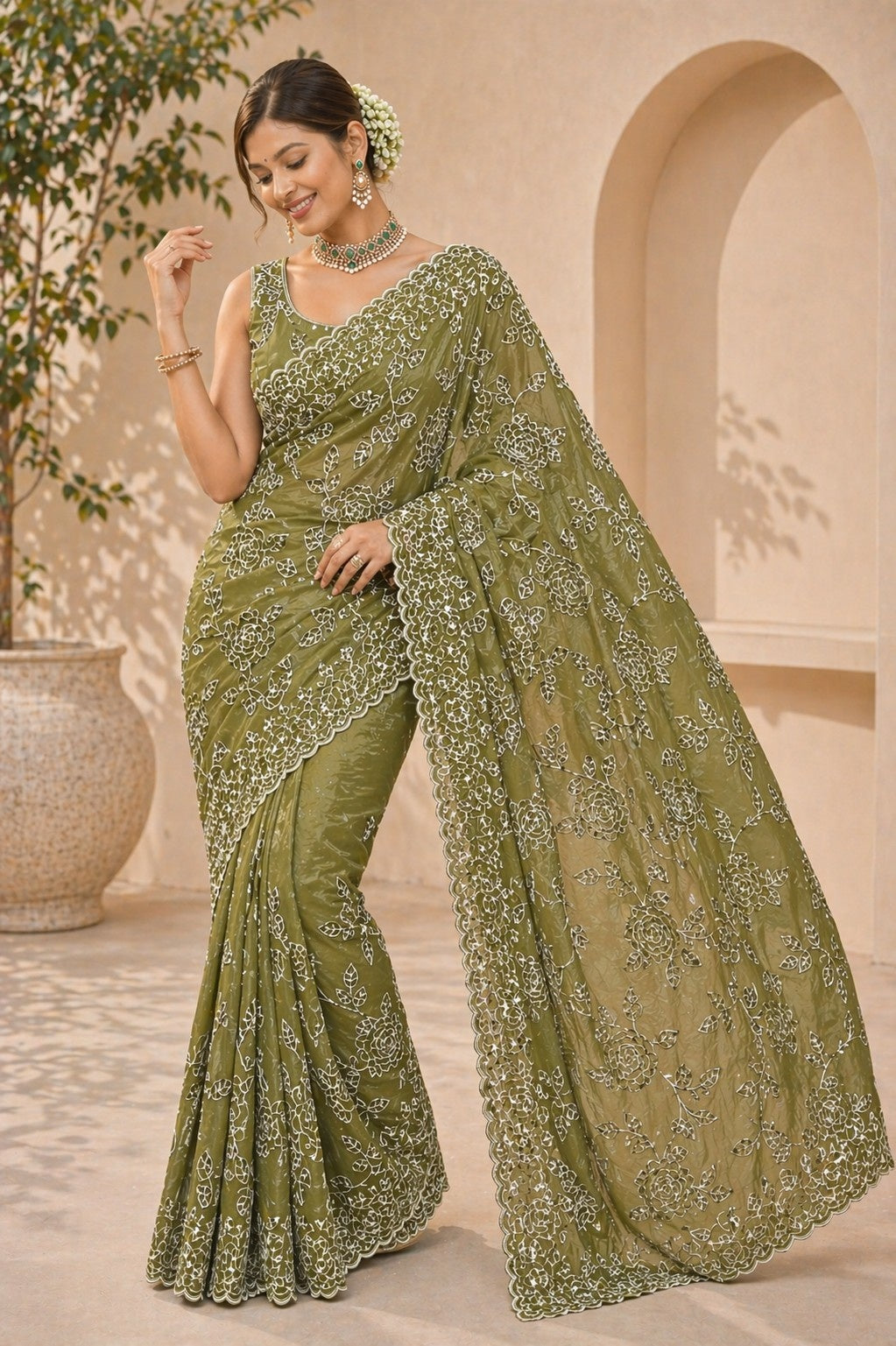 Olive Green Floral Embroidered Designer Saree with Scalloped Border