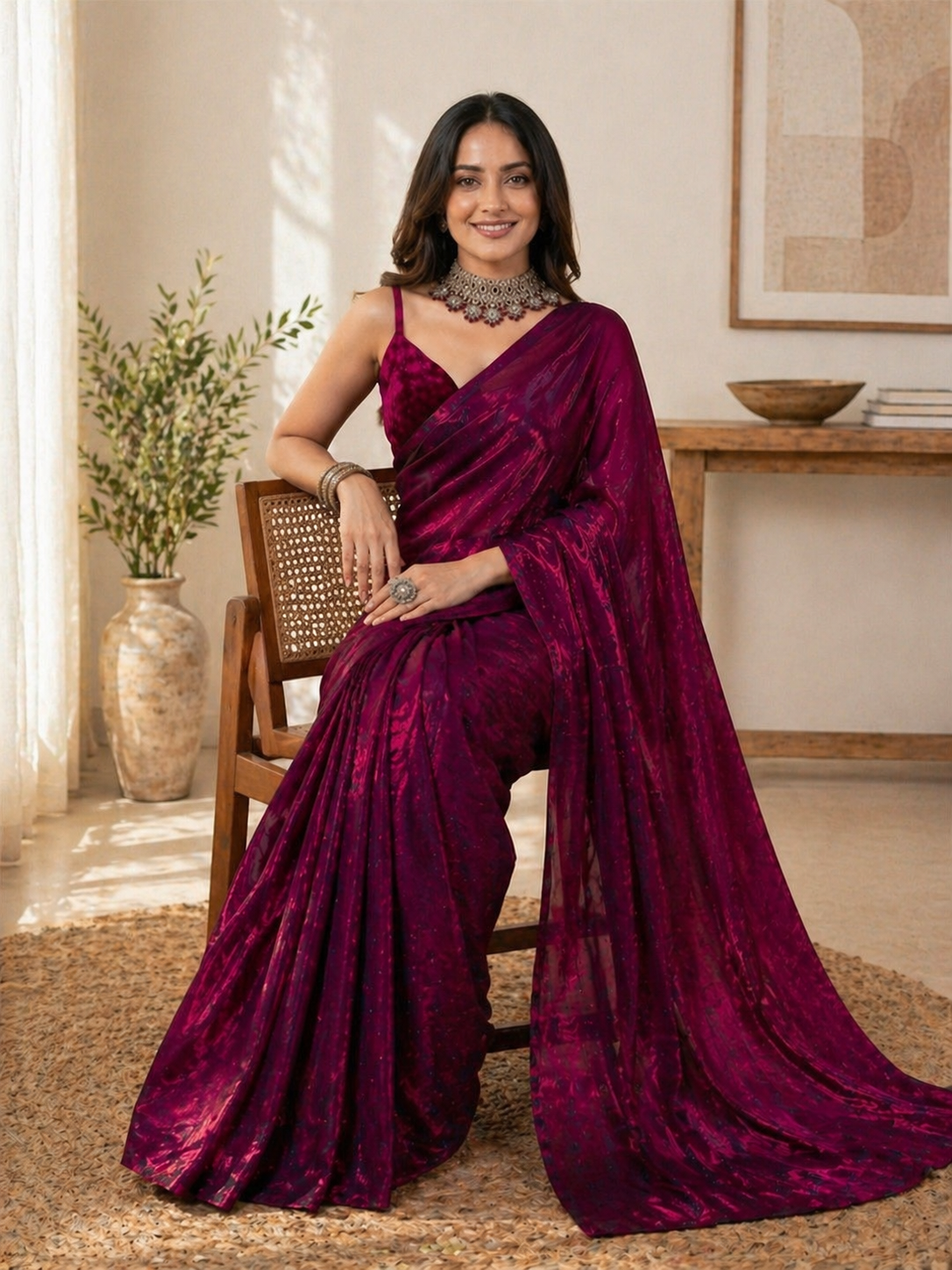 Royal Wine Shimmer Party Wear Saree with Designer Blouse Piece