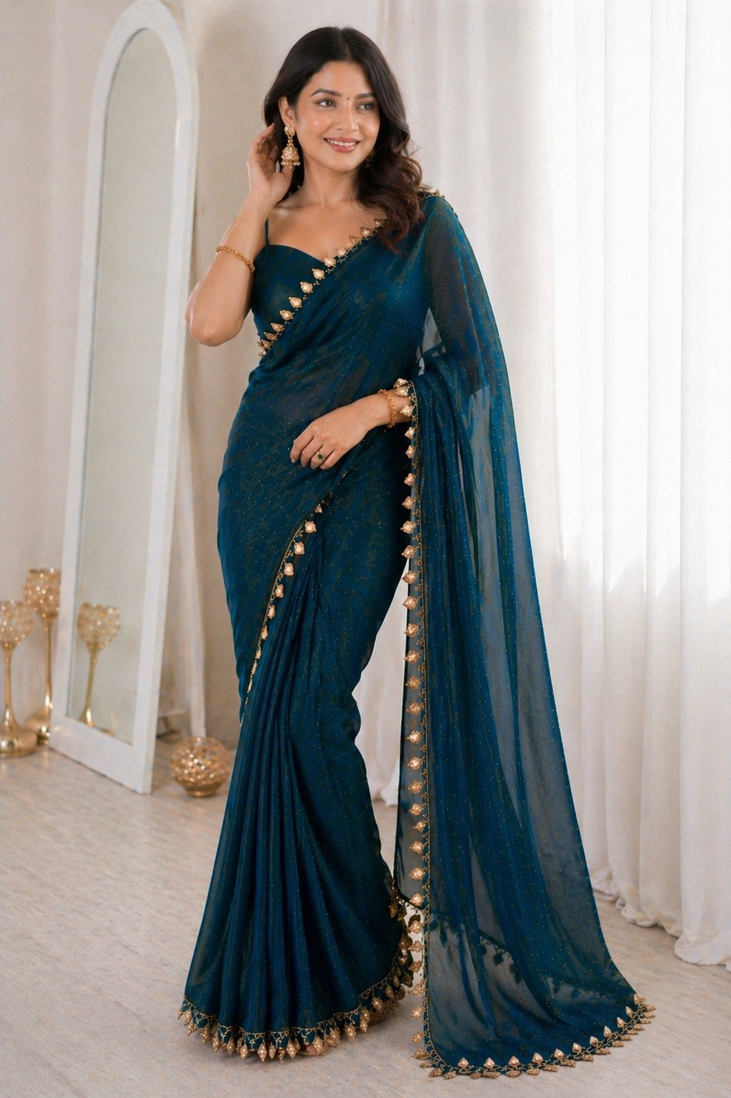 Midnight Blue Shimmer Saree with Golden Tassel Border