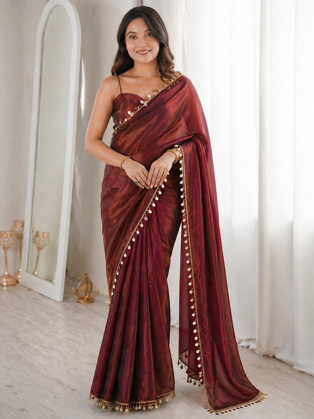 Wine Maroon Satin Silk Saree with Decorative Lace Border