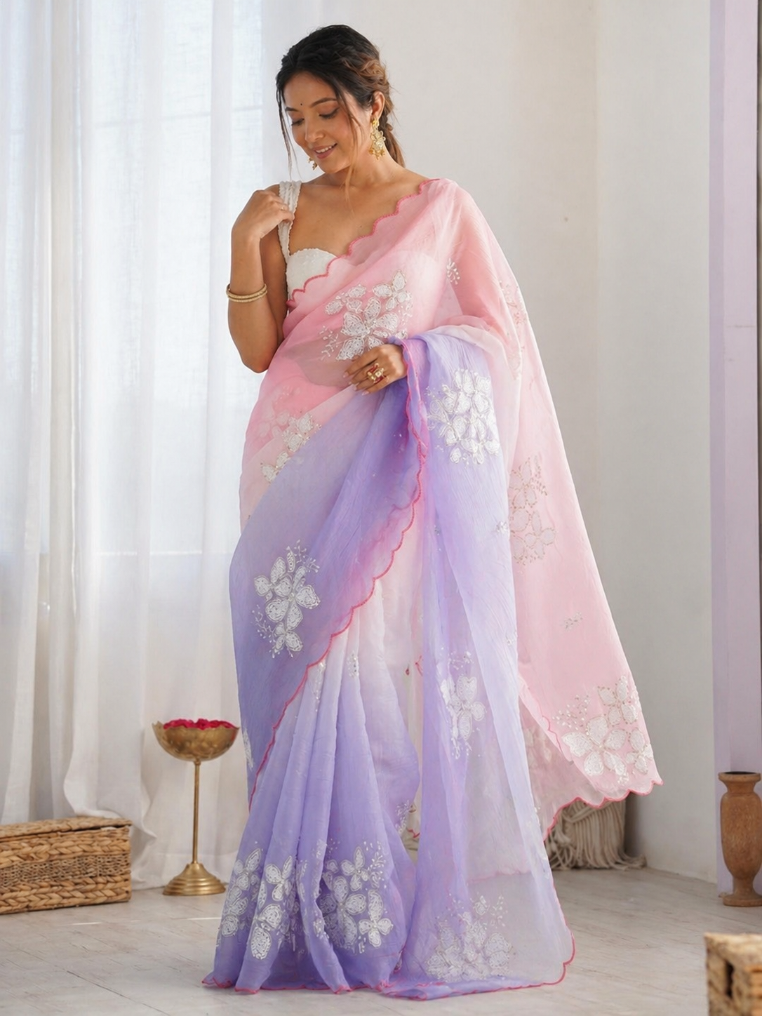 Women's Pink & Lavender Ombre Organza Saree with White Floral Embroidery | Lightweight Party Wear Saree