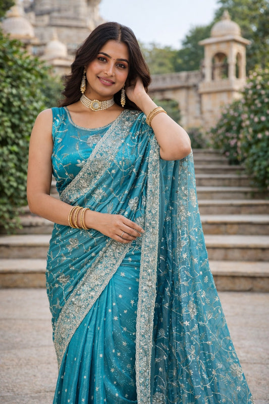Aqua Blue Floral Embroidered Organza Saree with Silver Border Work