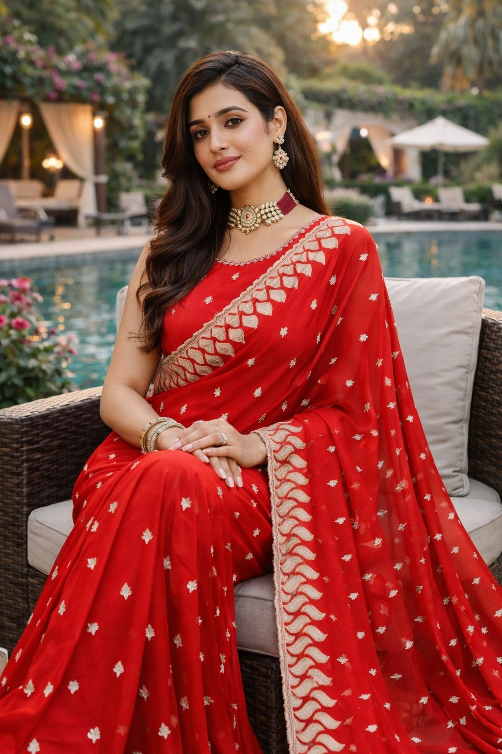 Radiant Red Embroidered Georgette Saree with Designer Border