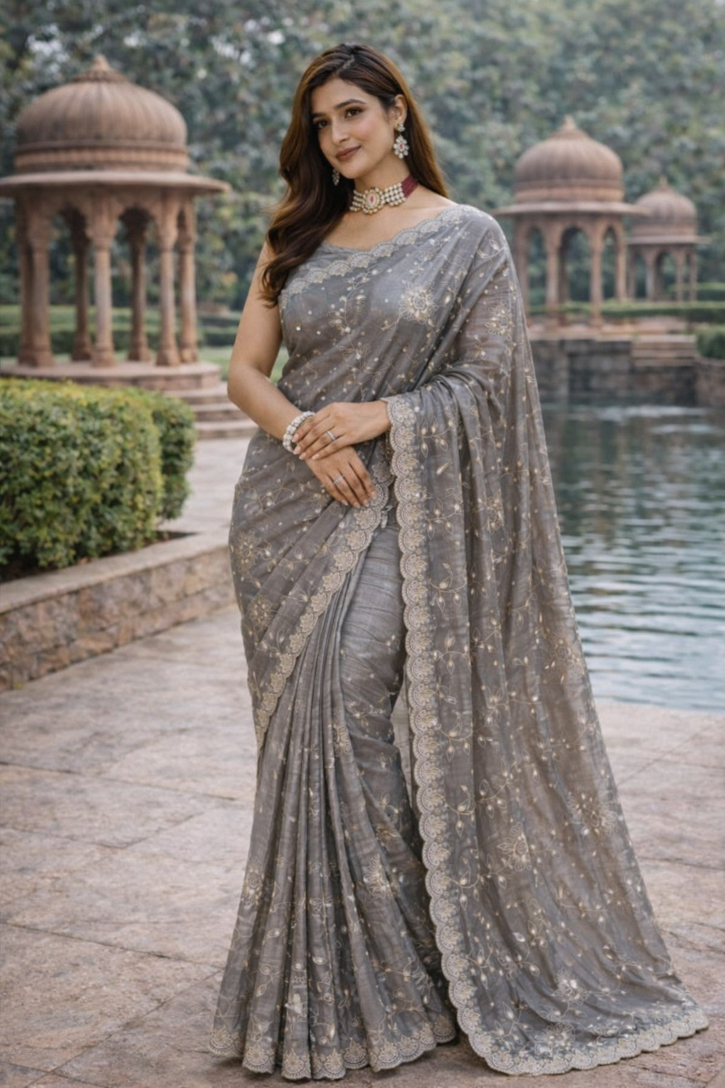 Silver Grey Floral Embroidered Saree with Scalloped Lace Border