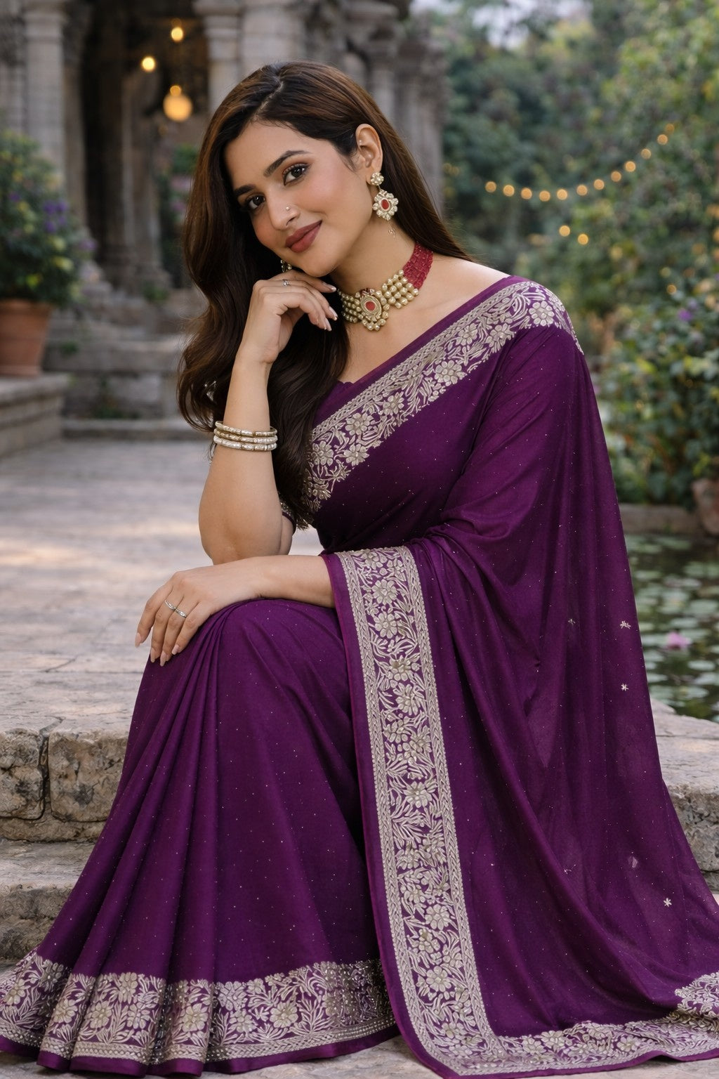 Royal Wine Purple Embroidered Border Saree with Blouse Piece