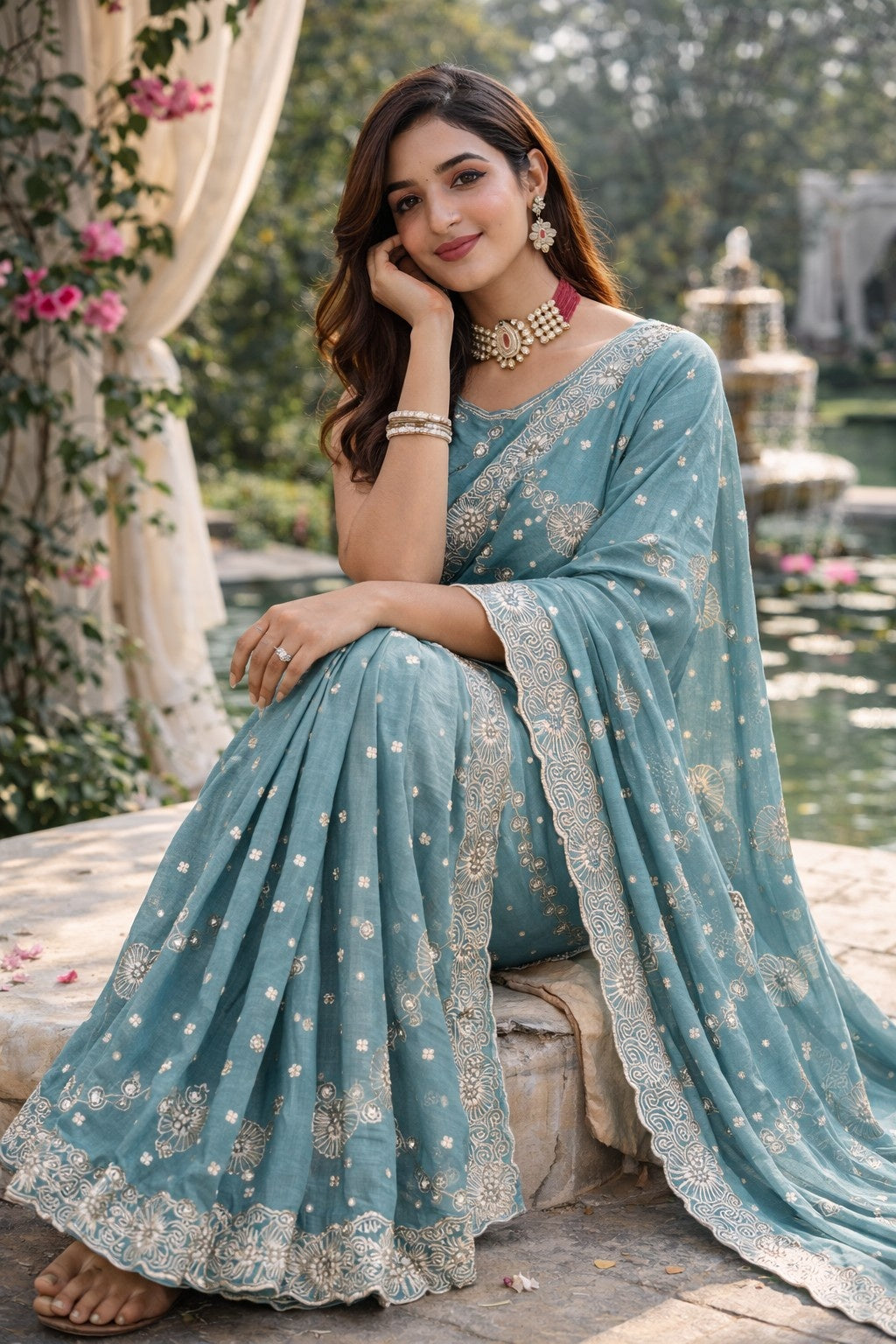 Elegant Sky Blue Embroidered Designer Saree with Intricate Border Work