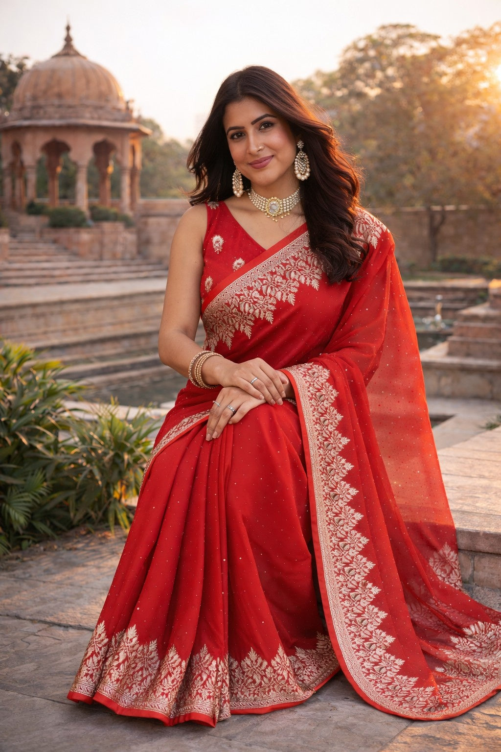 Radiant Red Embroidered Designer Saree with Intricate Silver Border