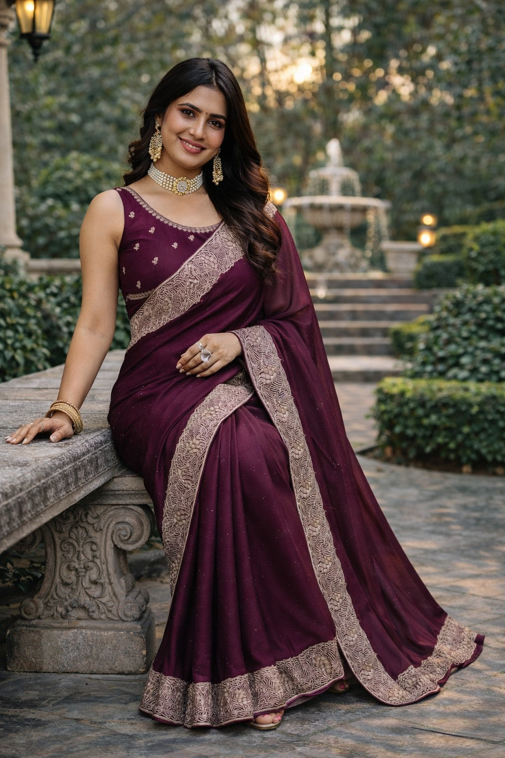 Royal Wine Purple Embroidered Border Saree with Matching Blouse Piece