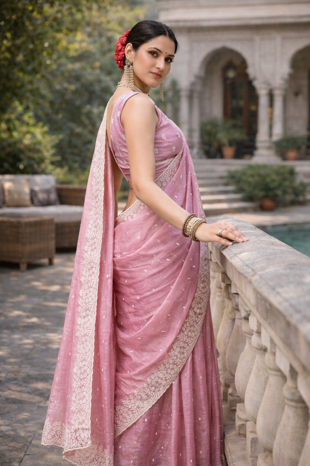 Blush Pink Embroidered Designer Saree with Intricate Lace Border