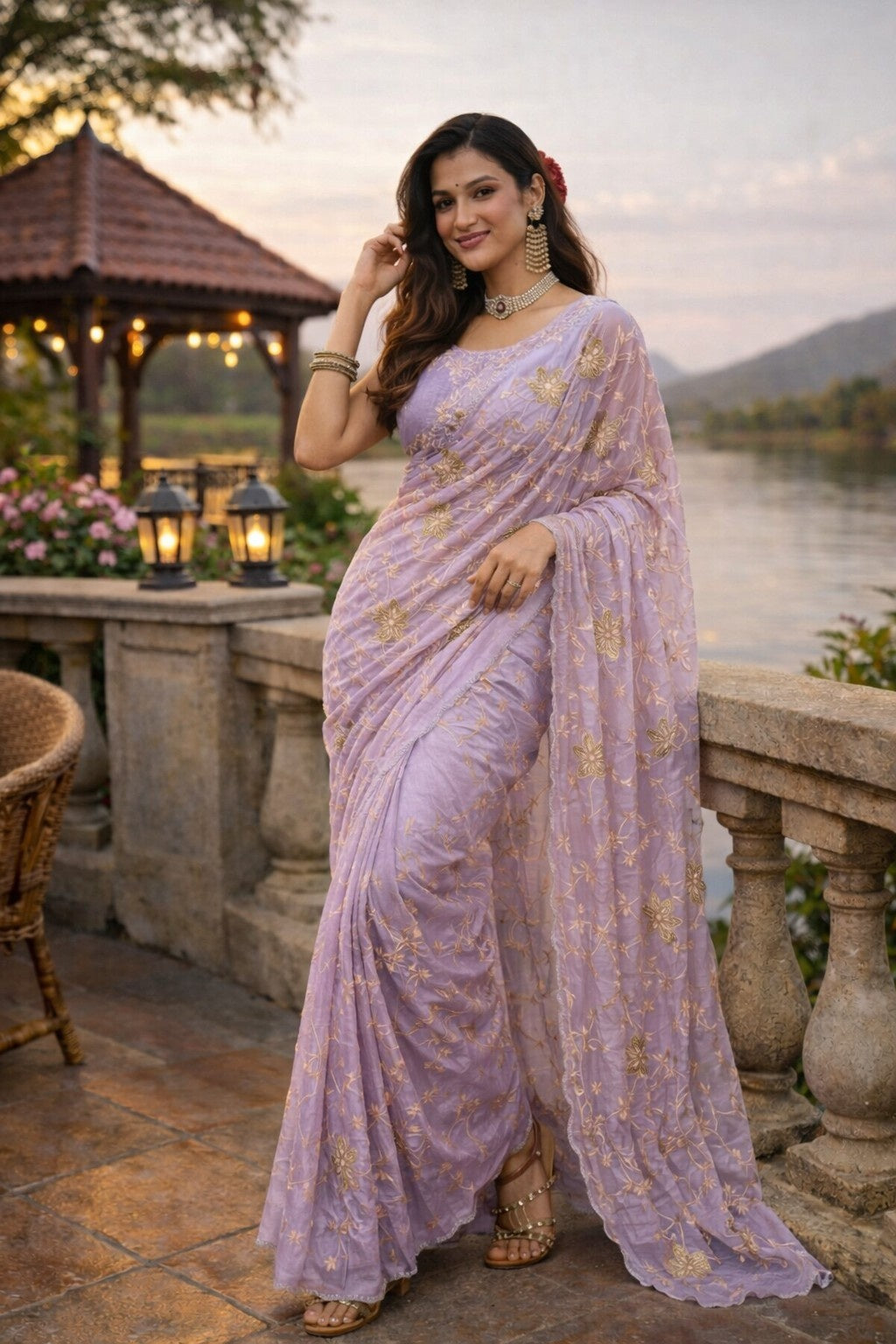 Lavender Floral Embroidered Designer Saree with Elegant Sequin Work