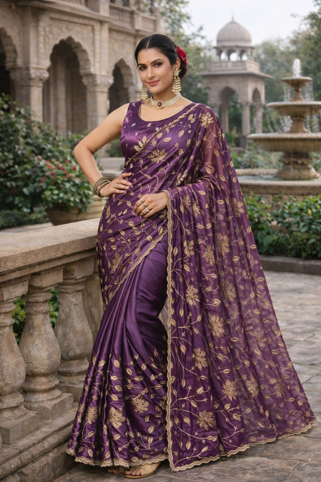 Royal Purple Embroidered Organza Saree with Floral Zari Work