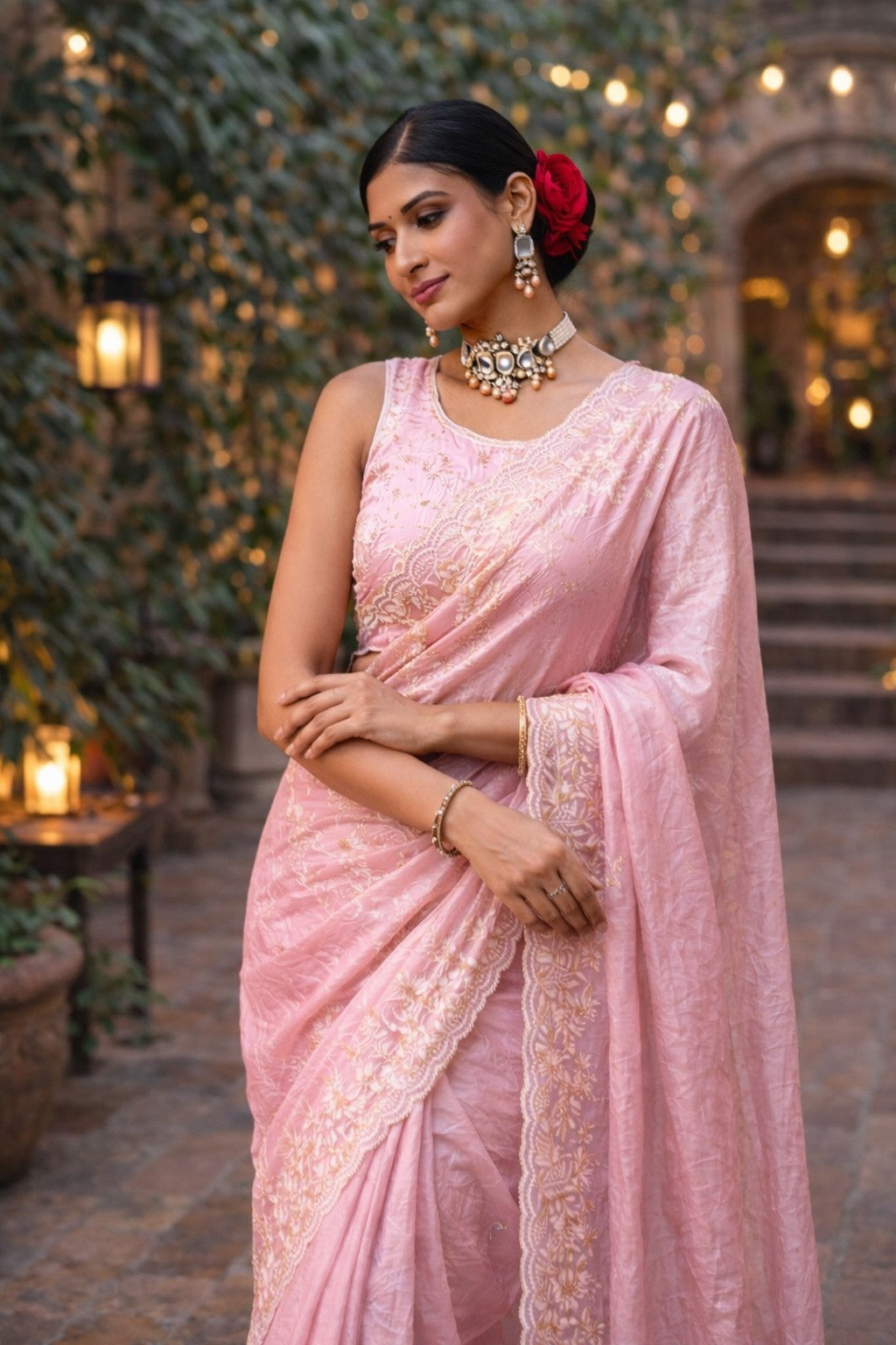 Blush Pink Embroidered Designer Saree with Elegant Lace Border