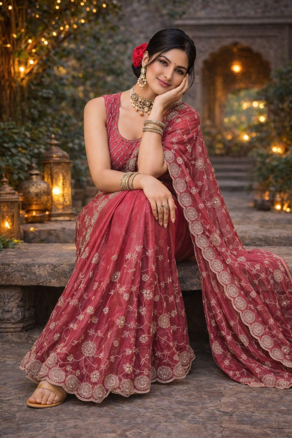Rose Pink Embroidered Designer Saree with Scalloped Border & Matching Blouse