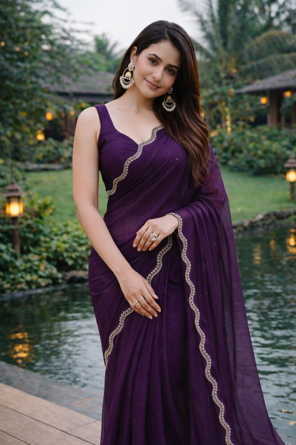 Royal Purple Designer Saree with Scalloped Lace Border