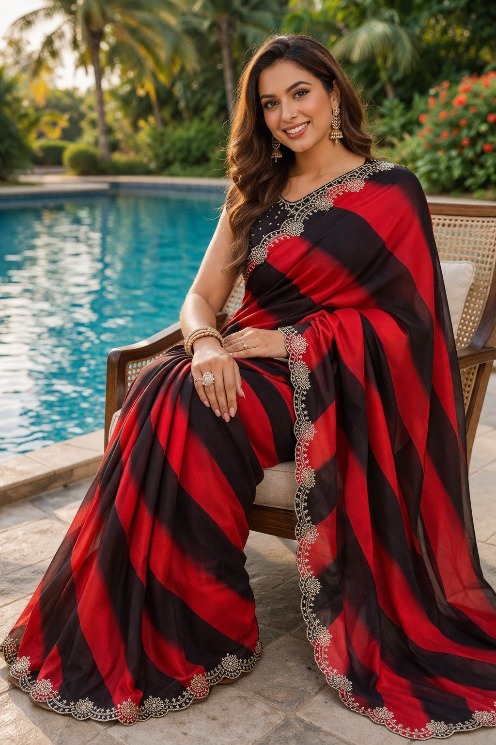 Ruby Red & Black Designer Saree with Embroidered Border