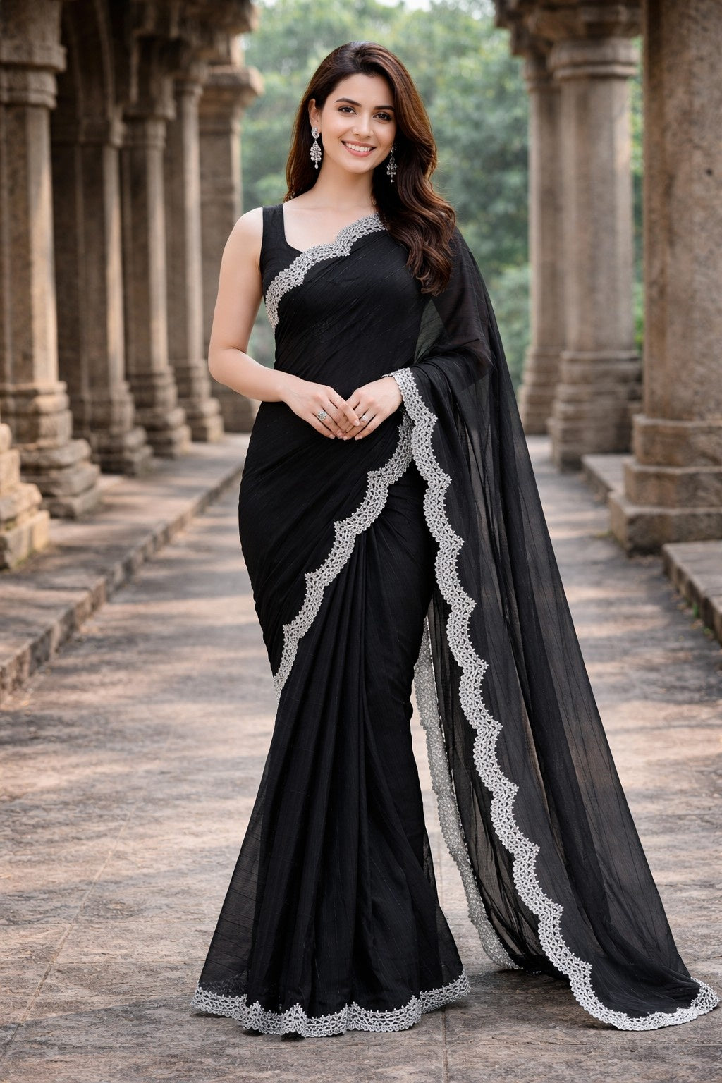 Midnight Black Designer Saree with Elegant Lace Border