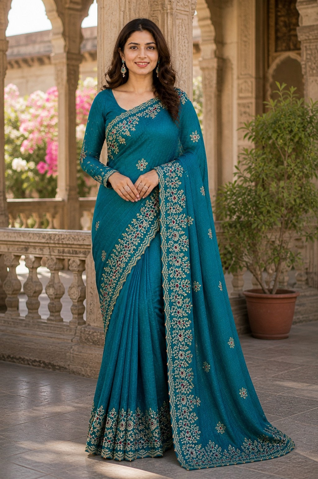 Elegant Teal Blue Embroidered Designer Saree with Intricate Border & Floral Thread Work