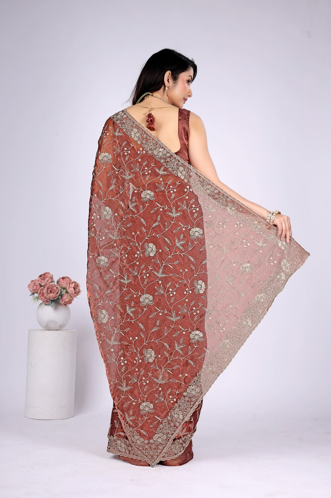 Elegant Rust Brown Floral Embroidered Designer Saree with Intricate Border Work
