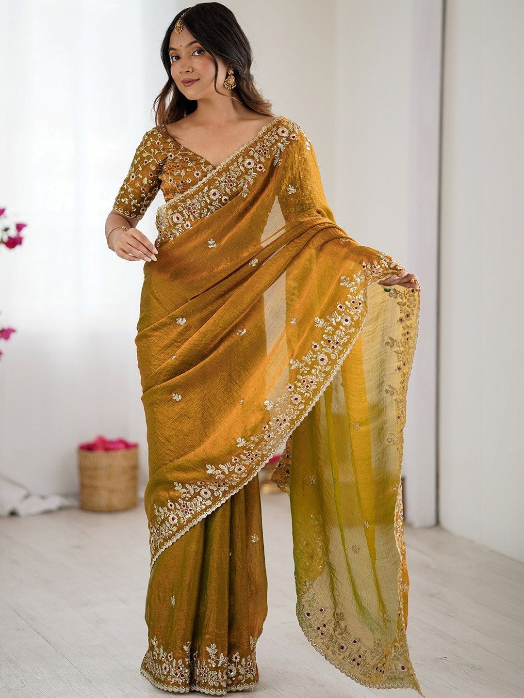 Mustard Yellow Embroidered Designer Saree with Floral Work Blouse