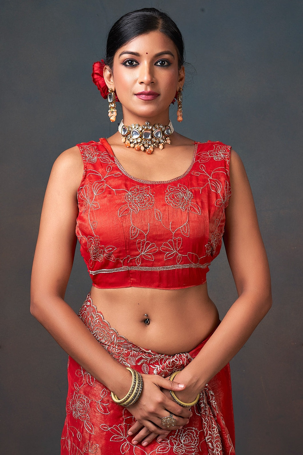 Radiant Red Floral Embroidered Organza Saree with Designer Border