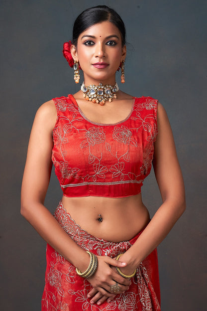 Radiant Red Floral Embroidered Organza Saree with Designer Border