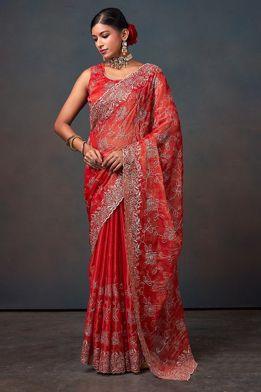 Radiant Red Floral Embroidered Organza Saree with Designer Border
