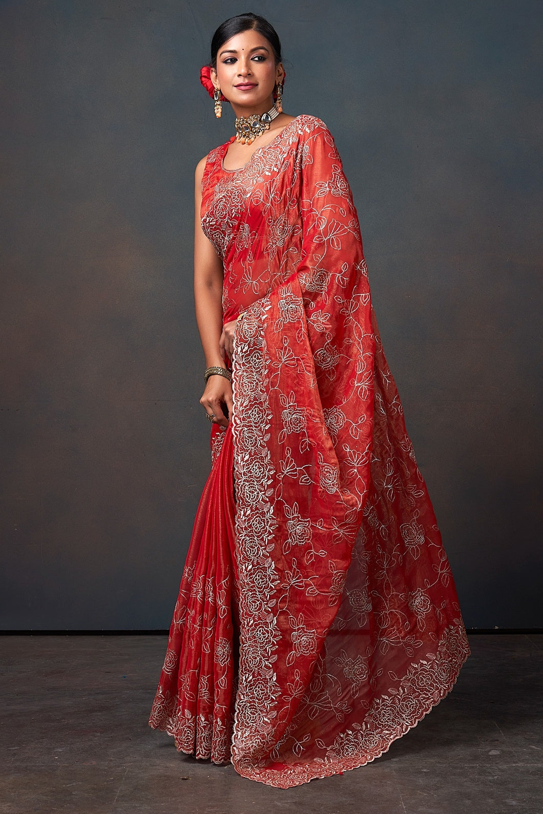 Radiant Red Floral Embroidered Organza Saree with Designer Border