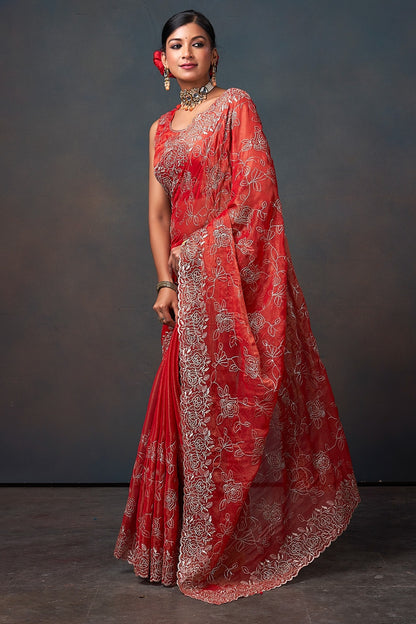 Radiant Red Floral Embroidered Organza Saree with Designer Border