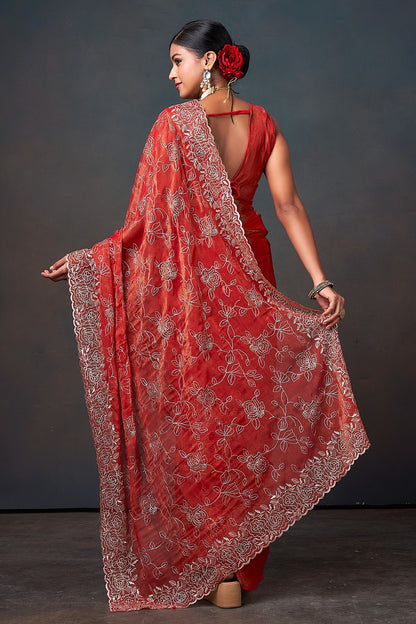 Radiant Red Floral Embroidered Organza Saree with Designer Border