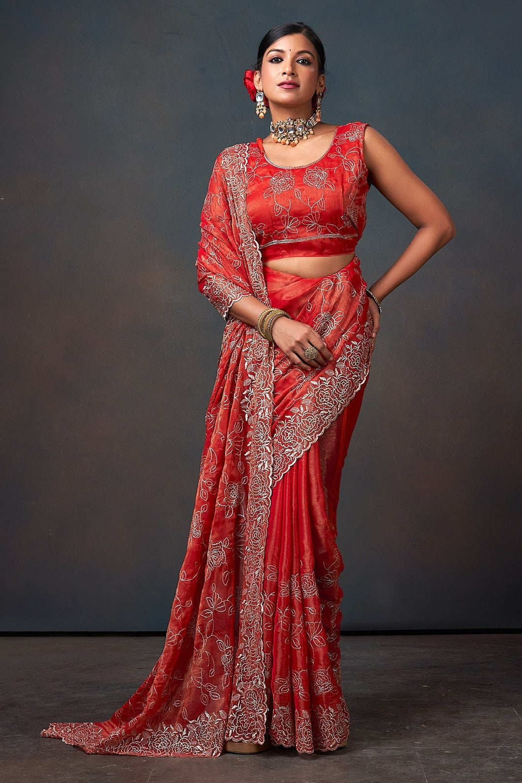 Radiant Red Floral Embroidered Organza Saree with Designer Border