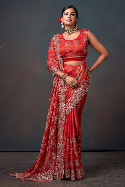 Radiant Red Floral Embroidered Organza Saree with Designer Border
