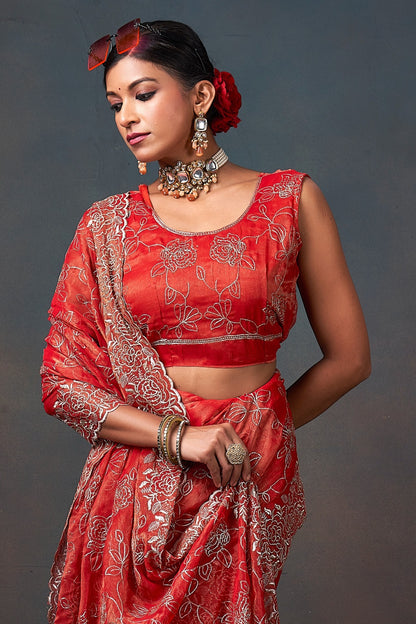 Radiant Red Floral Embroidered Organza Saree with Designer Border