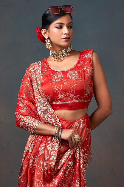 Radiant Red Floral Embroidered Organza Saree with Designer Border