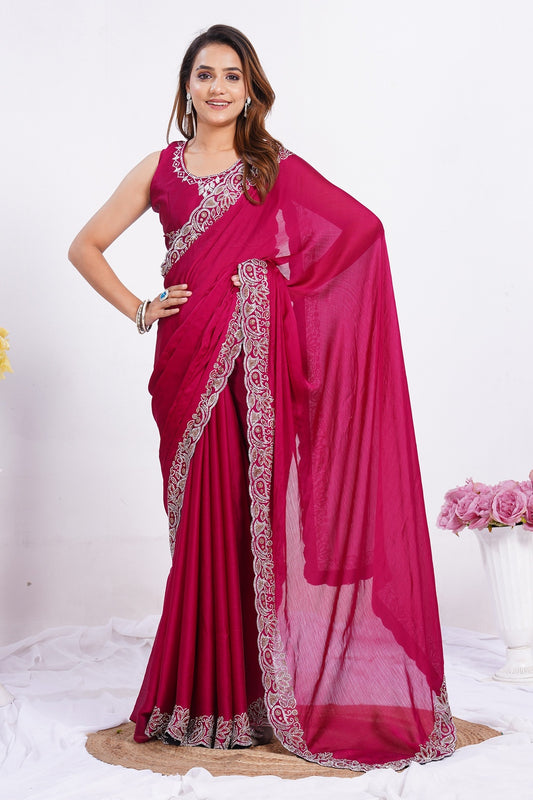 Women's Embroidered Border Designer Saree with Matching Blouse Piece