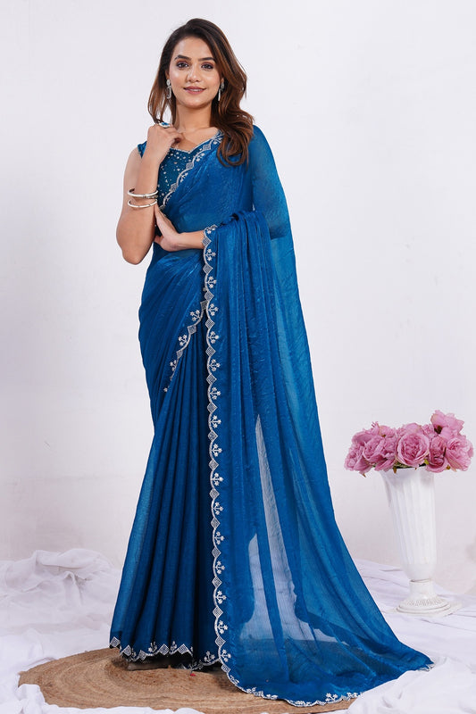 Women's Embroidered Border Designer Saree with Matching Blouse Piece
