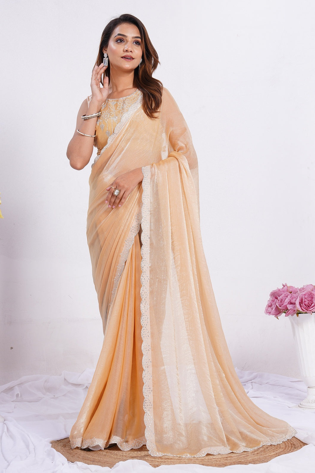 Women's Peach Shimmer Saree with Embroidered Blouse & Scallop Lace Border
