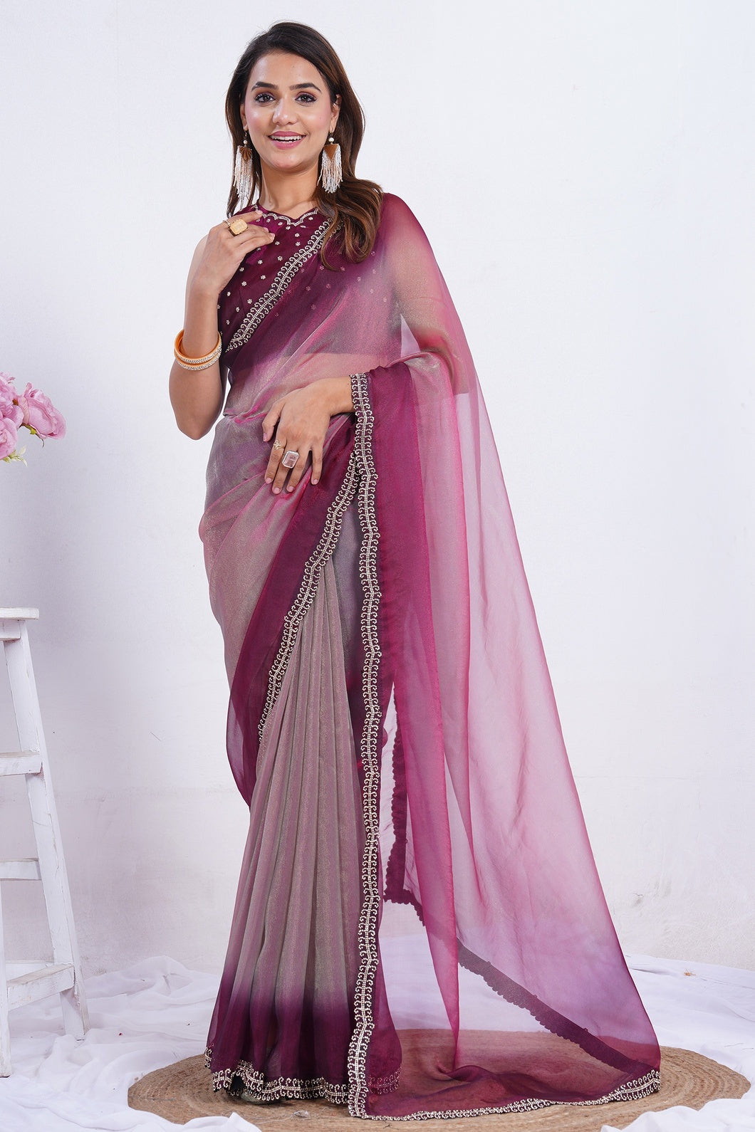 Elegant Ombre Organza Saree with Embellished Border & Matching Blouse Piece