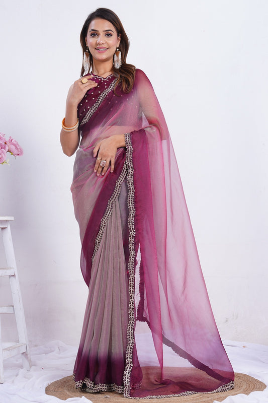 Elegant Ombre Organza Saree with Embellished Border & Matching Blouse Piece