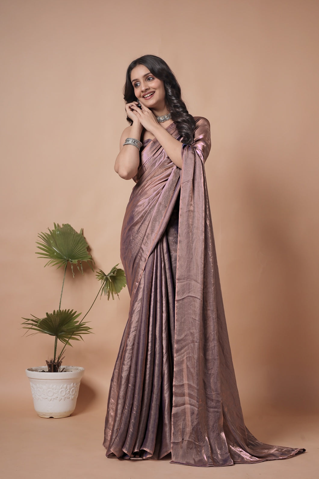 Elegant Mauve Shimmer Linen Blend Saree with Matching Blouse Piece