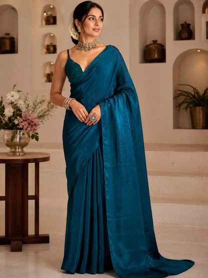 Elegant Teal Blue Satin Silk Saree for Women | Soft Glossy Party Wear & Festive Saree with Unstitched Blouse Piece