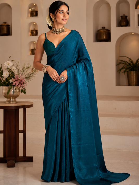 Elegant Teal Blue Satin Silk Saree for Women | Soft Glossy Party Wear & Festive Saree with Unstitched Blouse Piece
