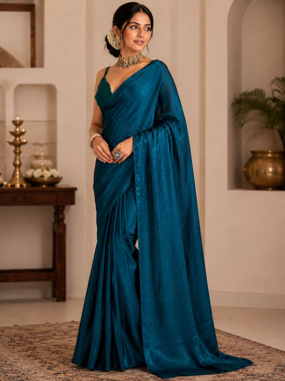 Elegant Teal Blue Satin Silk Saree for Women | Soft Glossy Party Wear & Festive Saree with Unstitched Blouse Piece