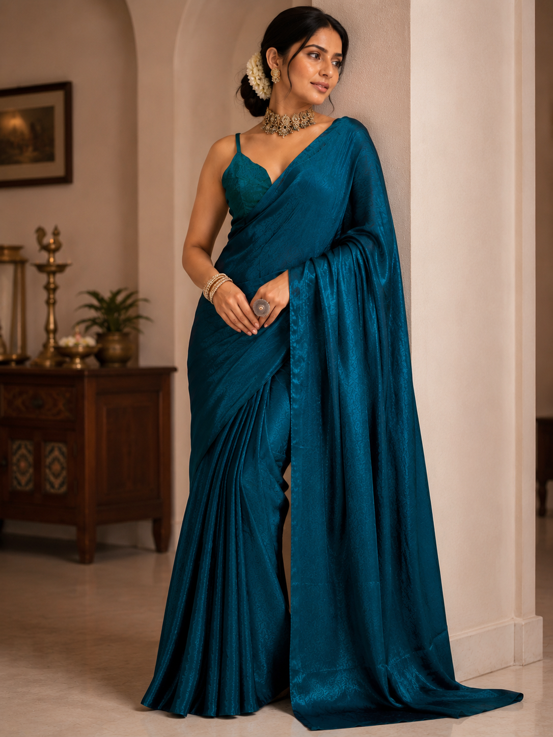 Elegant Teal Blue Satin Silk Saree for Women | Soft Glossy Party Wear & Festive Saree with Unstitched Blouse Piece