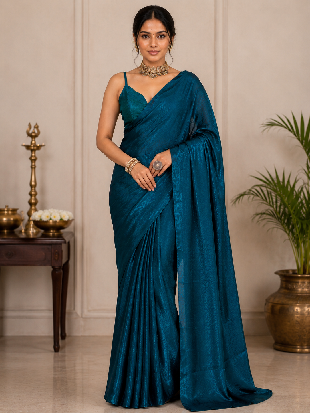 Elegant Teal Blue Satin Silk Saree for Women | Soft Glossy Party Wear & Festive Saree with Unstitched Blouse Piece