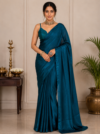 Elegant Teal Blue Satin Silk Saree for Women | Soft Glossy Party Wear & Festive Saree with Unstitched Blouse Piece