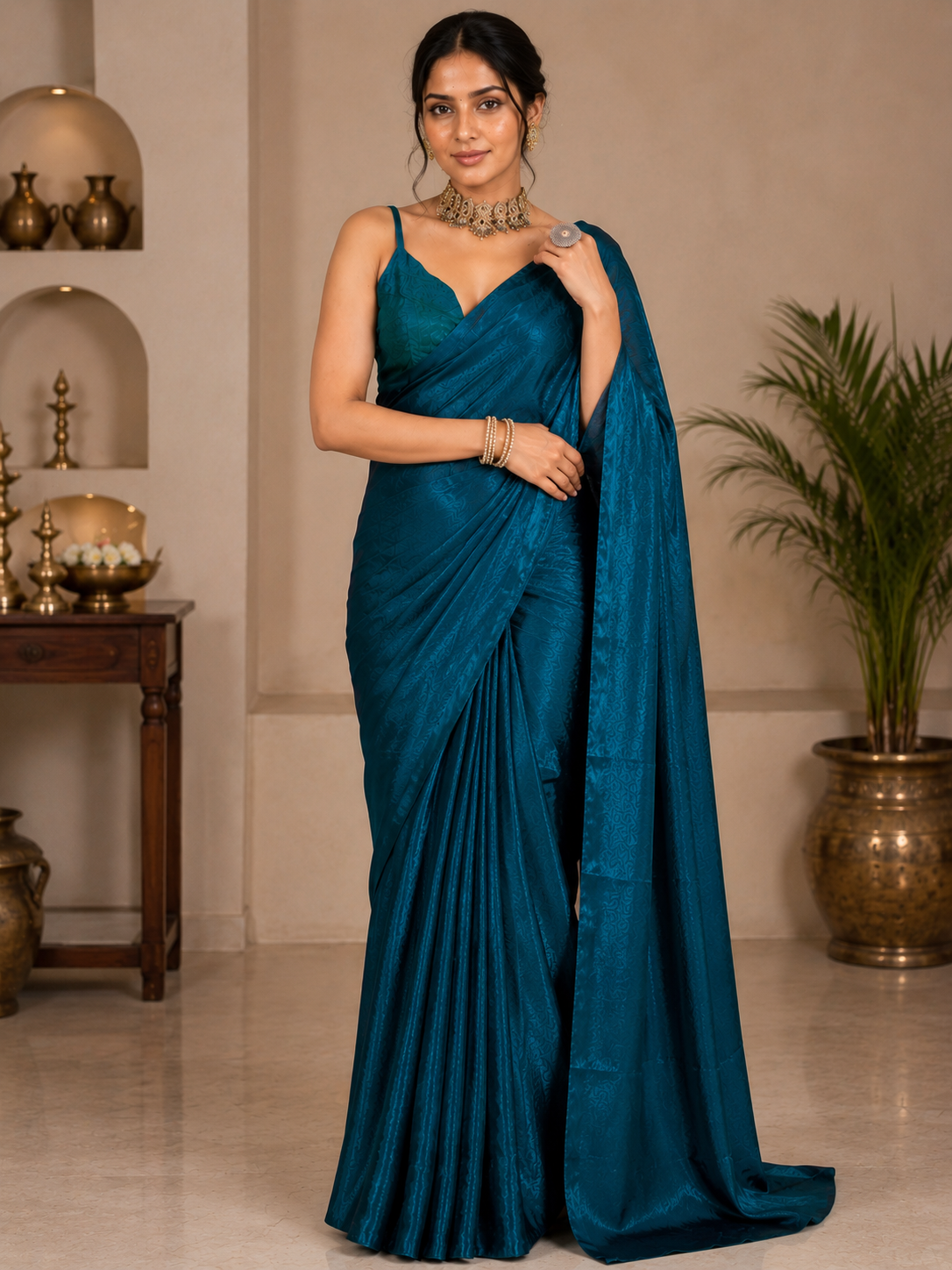 Elegant Teal Blue Satin Silk Saree for Women | Soft Glossy Party Wear & Festive Saree with Unstitched Blouse Piece