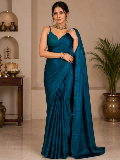 Elegant Teal Blue Satin Silk Saree for Women | Soft Glossy Party Wear & Festive Saree with Unstitched Blouse Piece