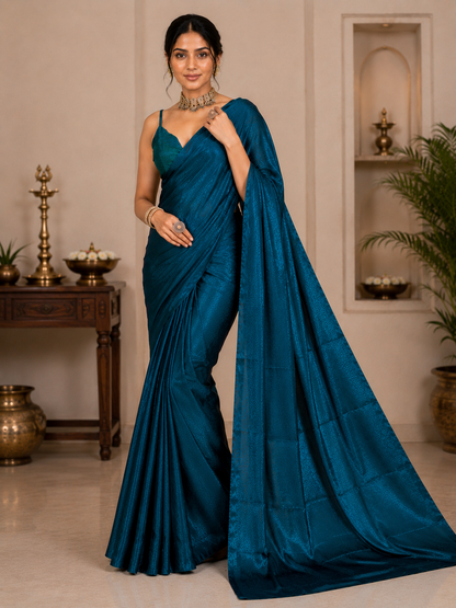 Elegant Teal Blue Satin Silk Saree for Women | Soft Glossy Party Wear & Festive Saree with Unstitched Blouse Piece