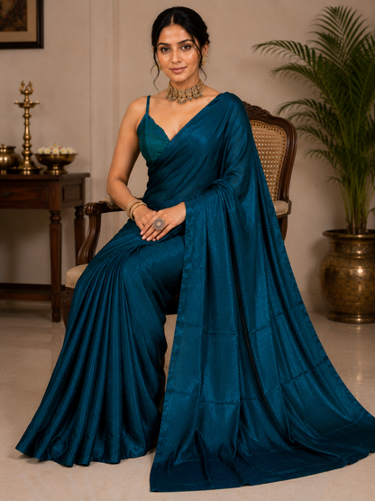 Elegant Teal Blue Satin Silk Saree for Women | Soft Glossy Party Wear & Festive Saree with Unstitched Blouse Piece